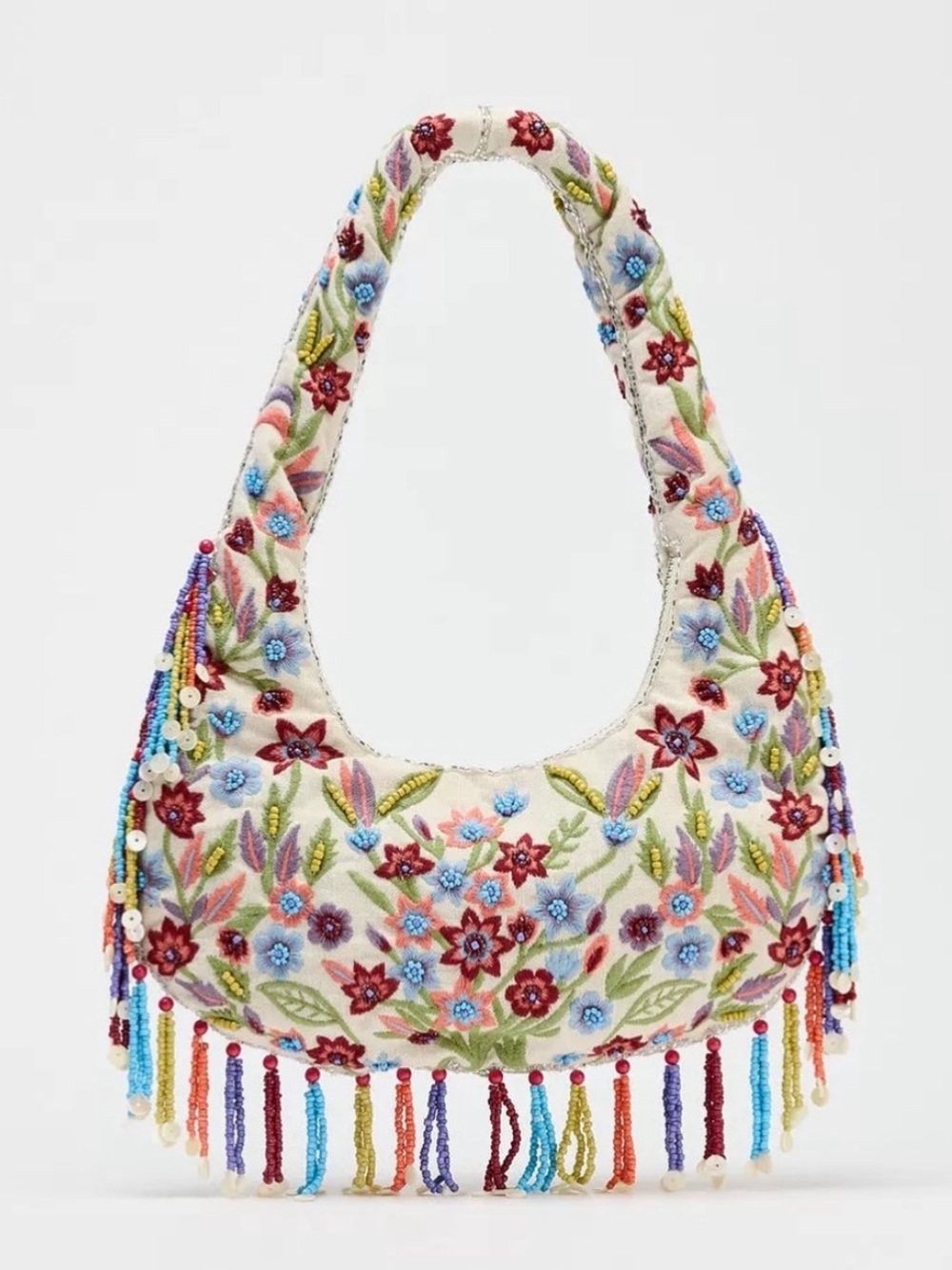 ZARA Embroidered Beaded Floral Fringe Shoulder Bag in Cream Multi NWT